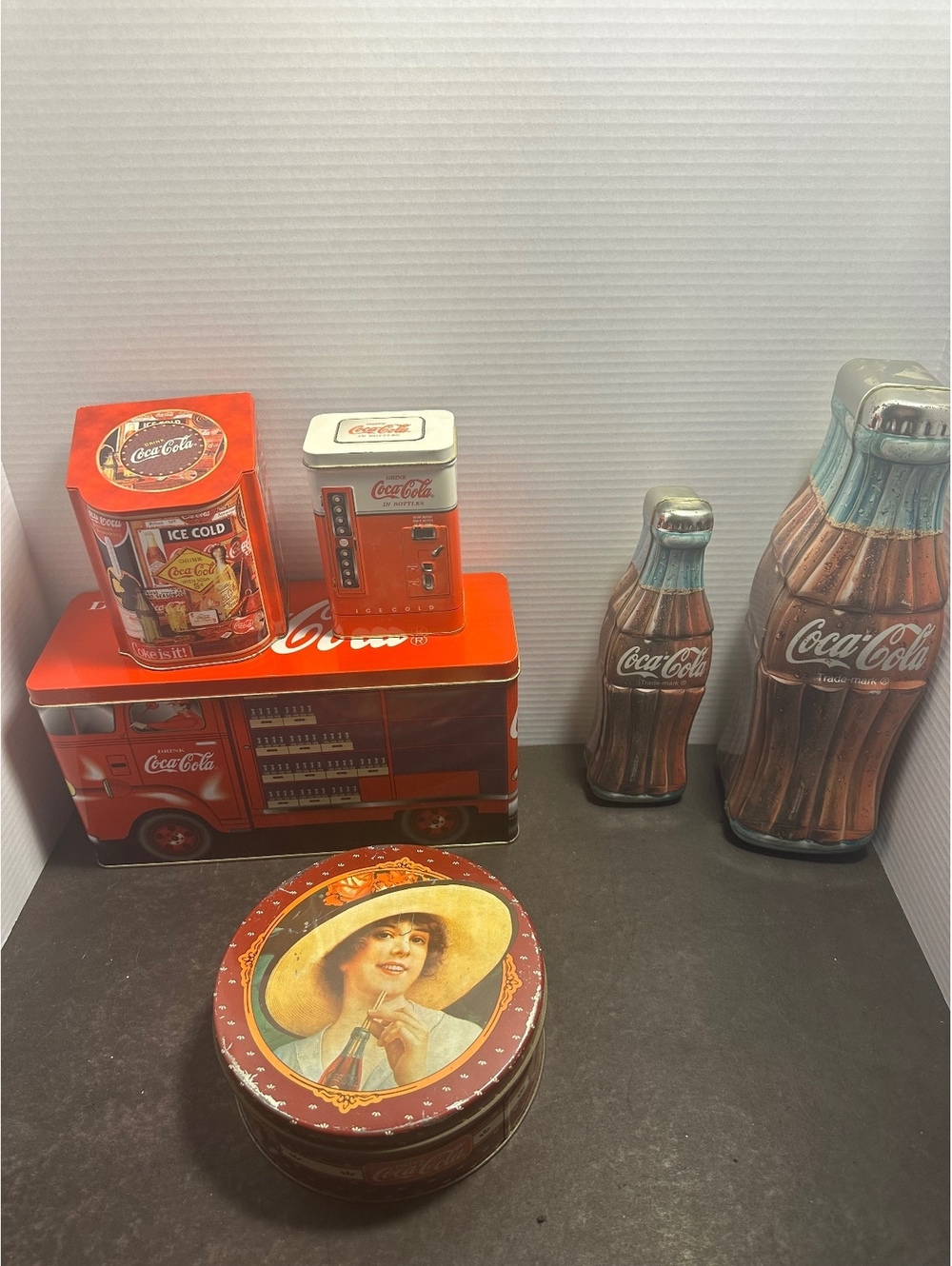 Coca Cola collectible tin lot 6 bottle truck vending machine vintage style